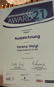 Unternehmerinnen Award 2021 - Kategorie Export - Auszeichnung